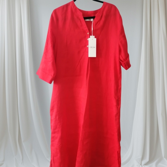 NEW CREAM Effortless Red Button-Front Midi Dress 100%linen - Picture 2 of 8